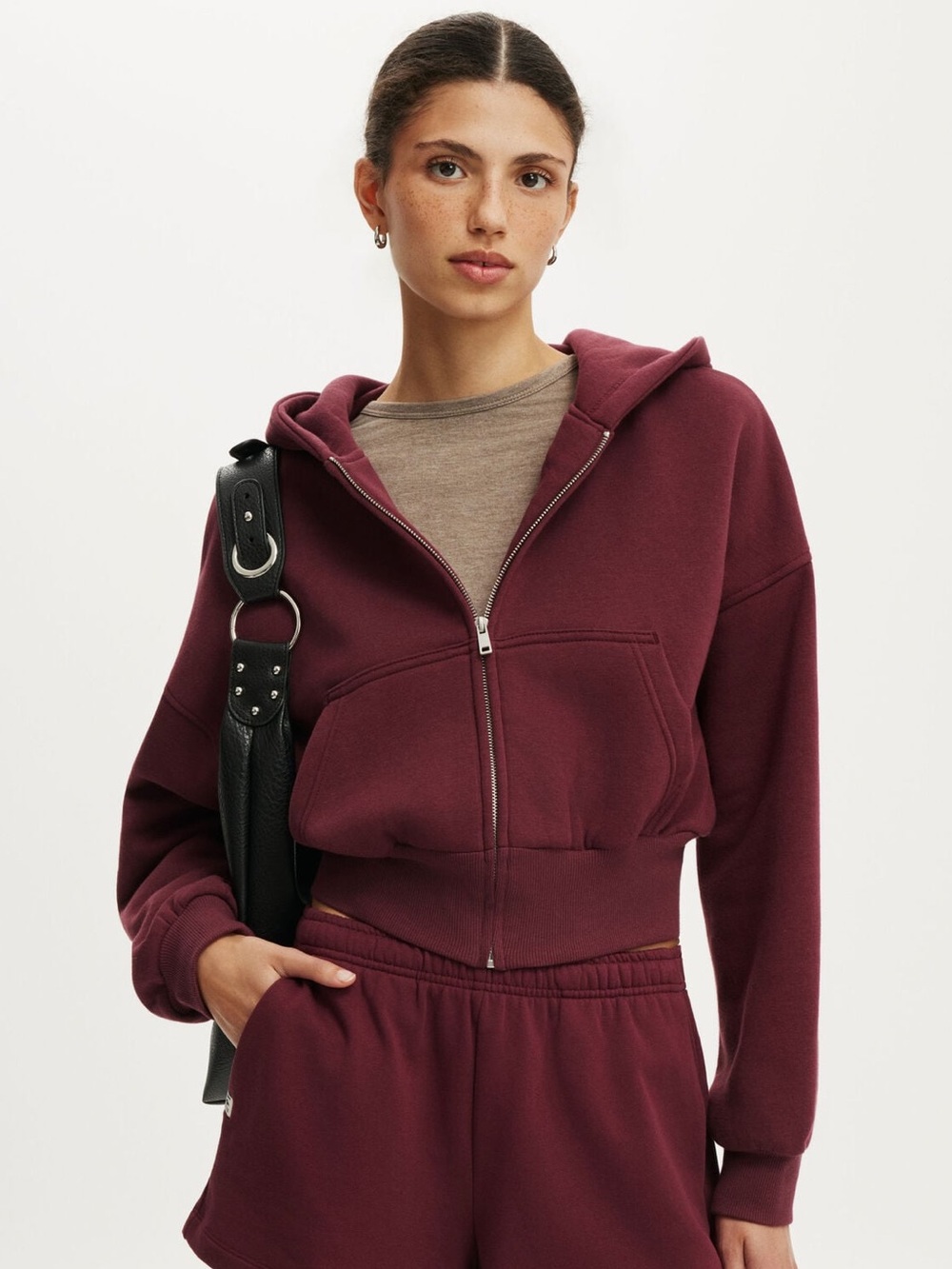 NWT Oversized Zip Through Hoodie Zip-Up Cropped Burgundy Small
